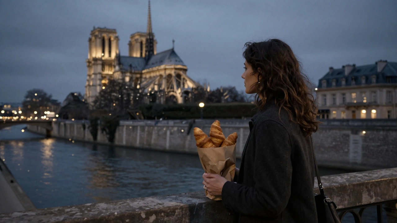 A woman stands alone on a Paris bridge at night, holding croissants, Notre-Dame glowing in the distance.