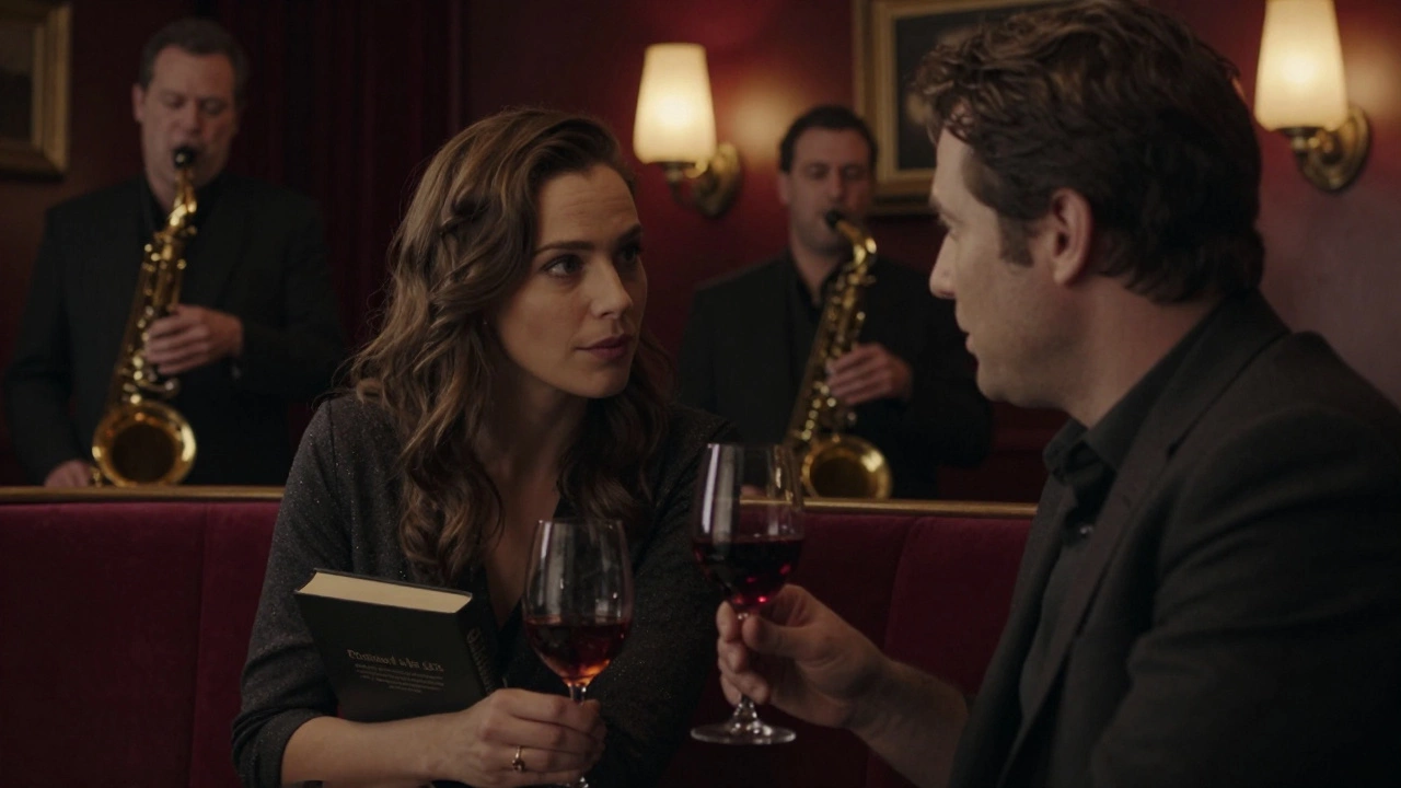 Two people share a quiet moment in a dimly lit Montmartre jazz club, sipping wine amid soft music.